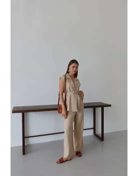 Keten yelek pantolon takım bej pt