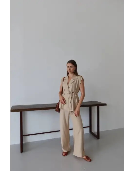 Keten yelek pantolon takım bej pt