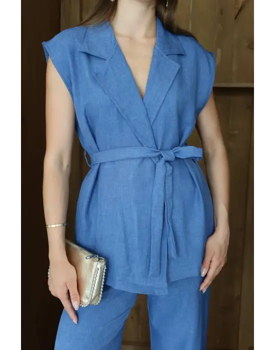 Keten yelek pantolon takım indigo pt