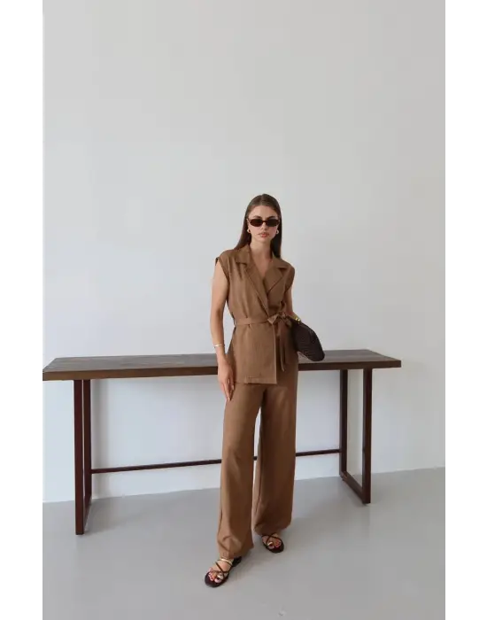 Keten yelek pantolon takım kahve pt