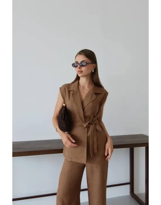 Keten yelek pantolon takım kahve pt