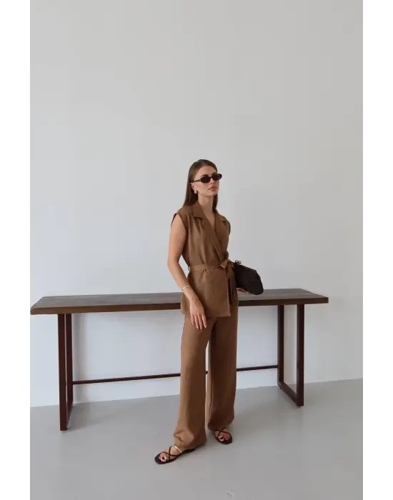 Keten yelek pantolon takım kahve pt