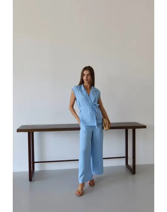 Keten yelek pantolon takım mavi pt