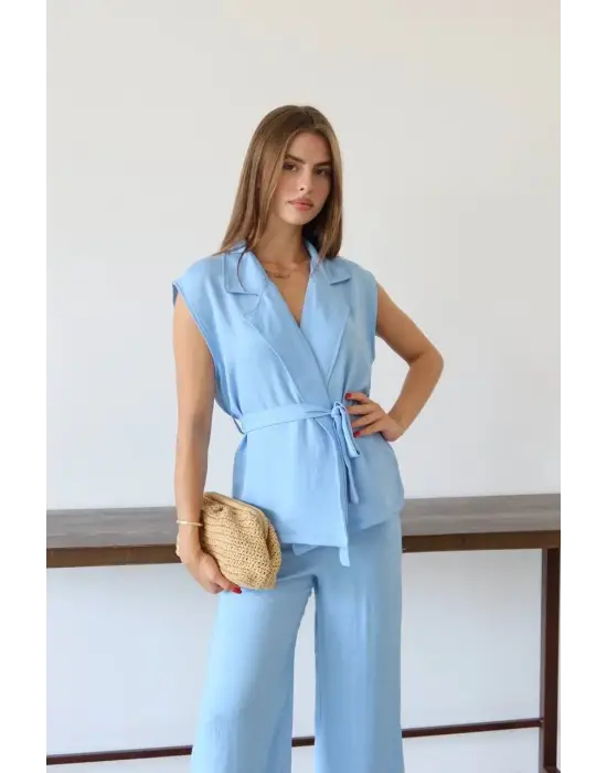 Keten yelek pantolon takım mavi pt