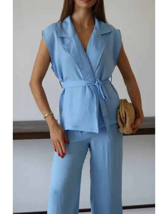 Keten yelek pantolon takım mavi pt