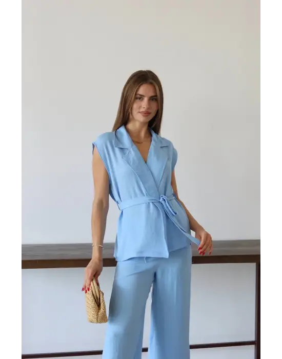 Keten yelek pantolon takım mavi pt
