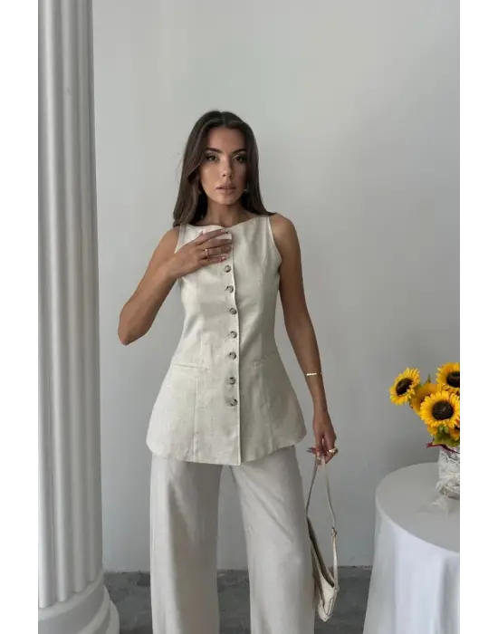 KETEN YELEK - PANTOLON TAKIM - Taş