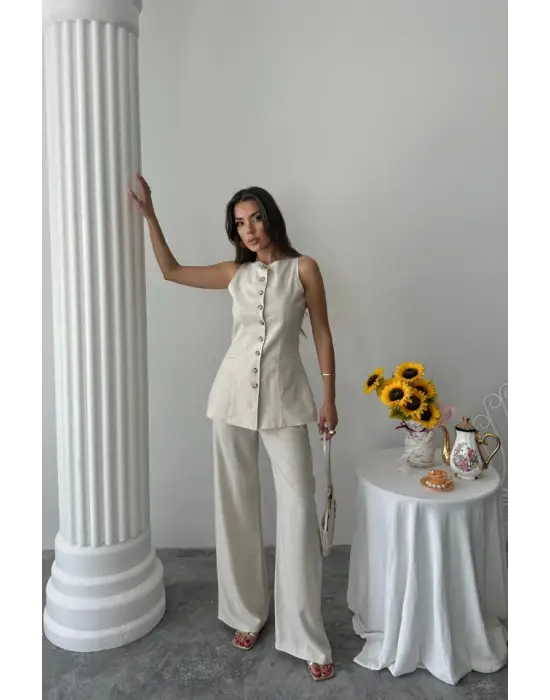 KETEN YELEK - PANTOLON TAKIM - Taş