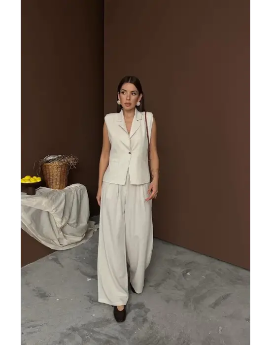 Omarı Şık Bej Keten Takım