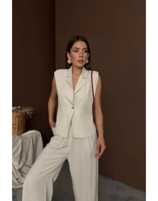 Omarı Şık Bej Keten Takım