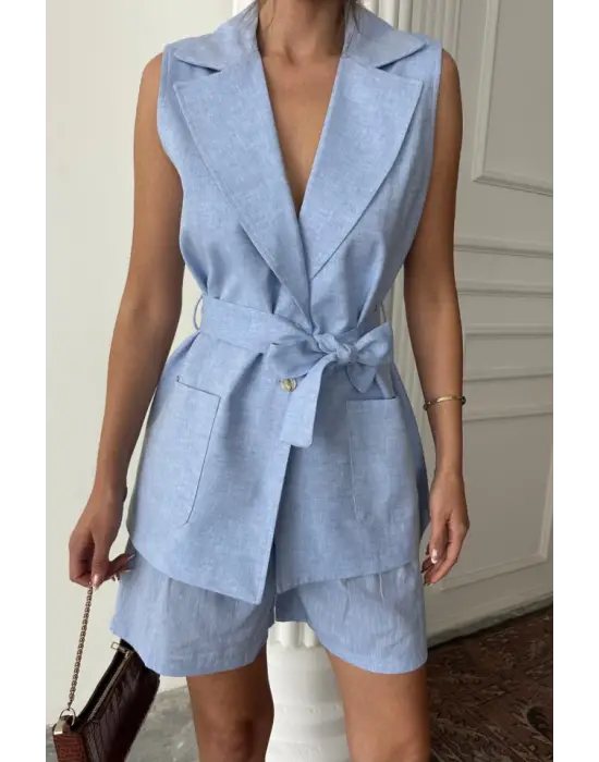 KETEN YELEK - ŞORT TAKIM - Mavi