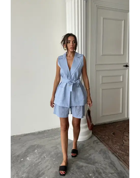 KETEN YELEK - ŞORT TAKIM - Mavi