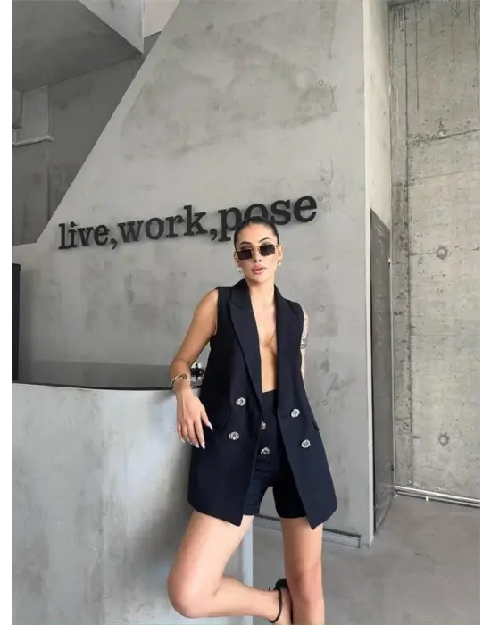 Omarı Şık Keten Yelek ve Şort Takımı - Siyah