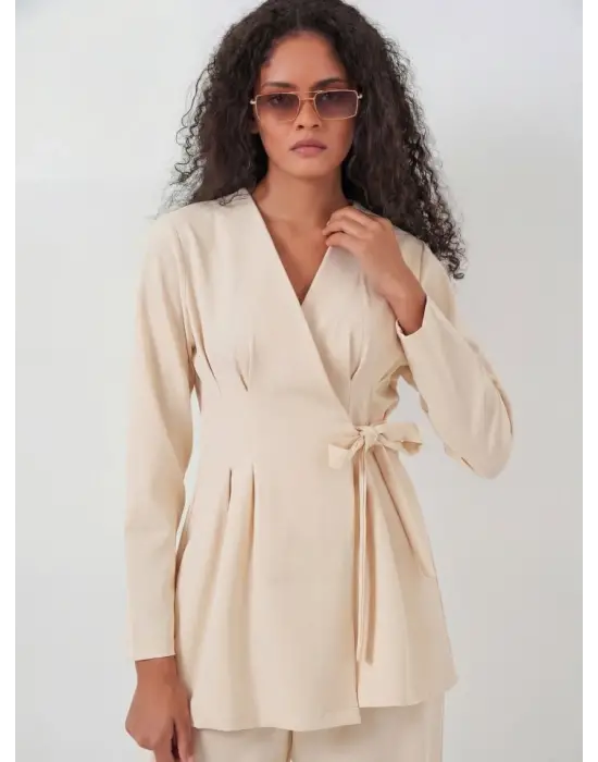 Kimono Pantolon Kumaş Takım 30054 - Bej