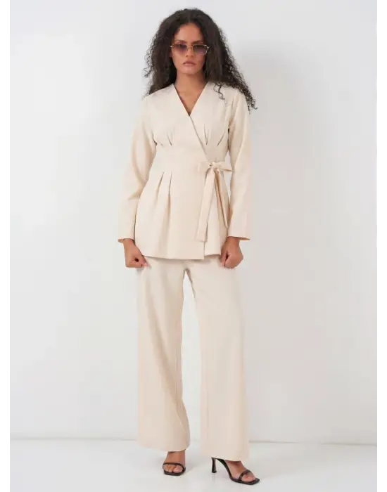 Kimono Pantolon Kumaş Takım 30054 - Bej