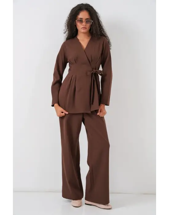 Kimono Pantolon Kumaş Takım 30054 - Kahverengi