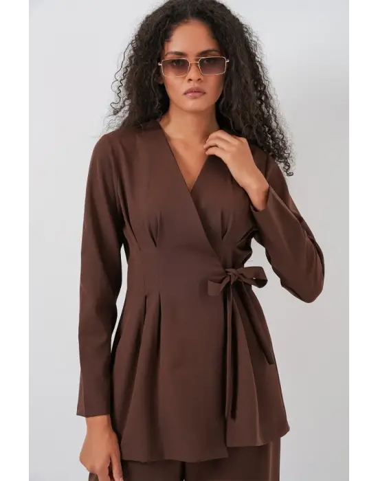 Kimono Pantolon Kumaş Takım 30054 - Kahverengi