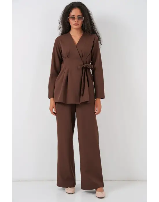 Kimono Pantolon Kumaş Takım 30054 - Kahverengi