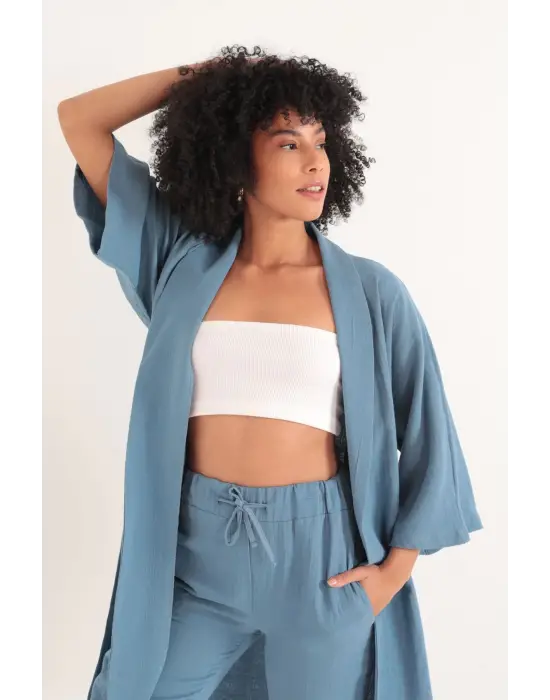 Omarı İndigo Desenli Uzun Kollu Kimono Üst