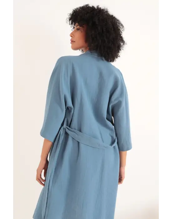 Omarı İndigo Desenli Uzun Kollu Kimono Üst