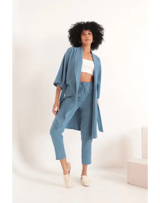 Omarı İndigo Desenli Uzun Kollu Kimono Üst