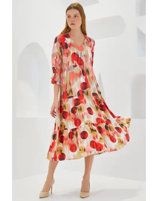 Kiremit Ekru Desenli Kısa Kol Viskon Elbise 1959