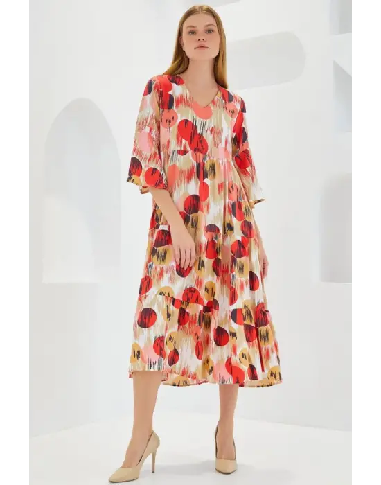 Kiremit Ekru Desenli Kısa Kol Viskon Elbise 1959