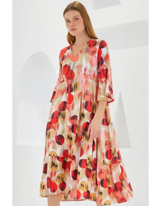 Kiremit Ekru Desenli Kısa Kol Viskon Elbise 1959