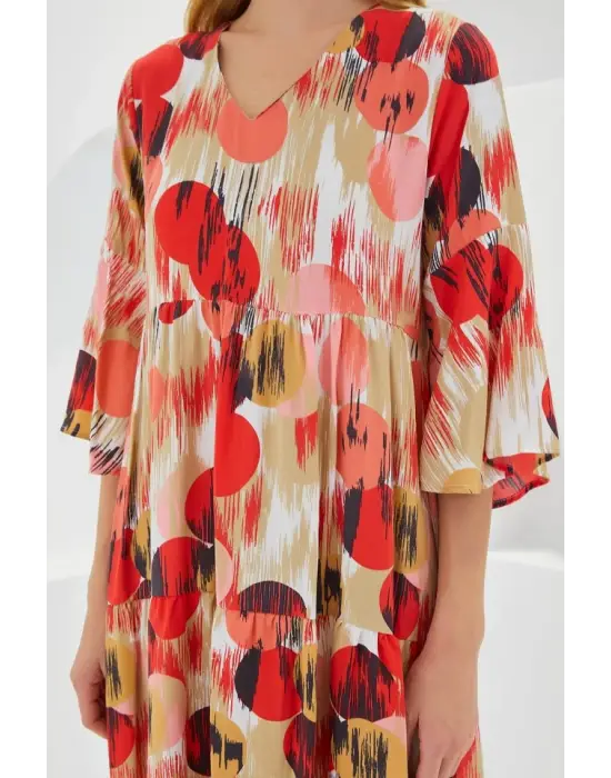 Kiremit Ekru Desenli Kısa Kol Viskon Elbise 1959