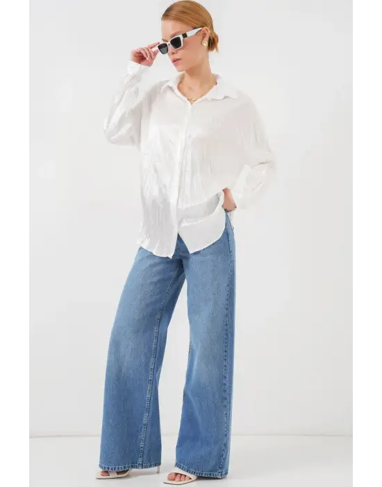 Kırışık Saten Gömlek 20316 - Beyaz