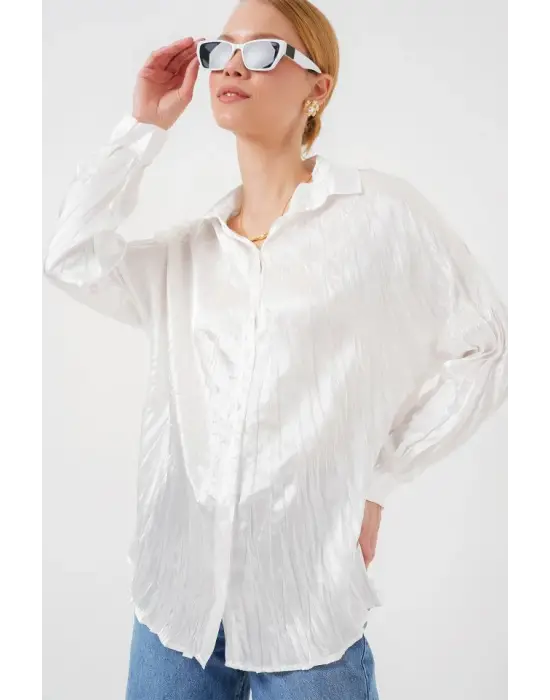 Kırışık Saten Gömlek 20316 - Beyaz