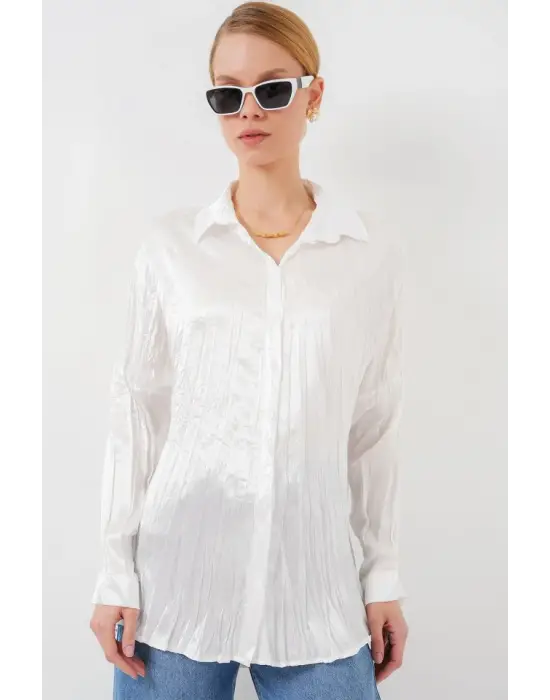 Kırışık Saten Gömlek 20316 - Beyaz