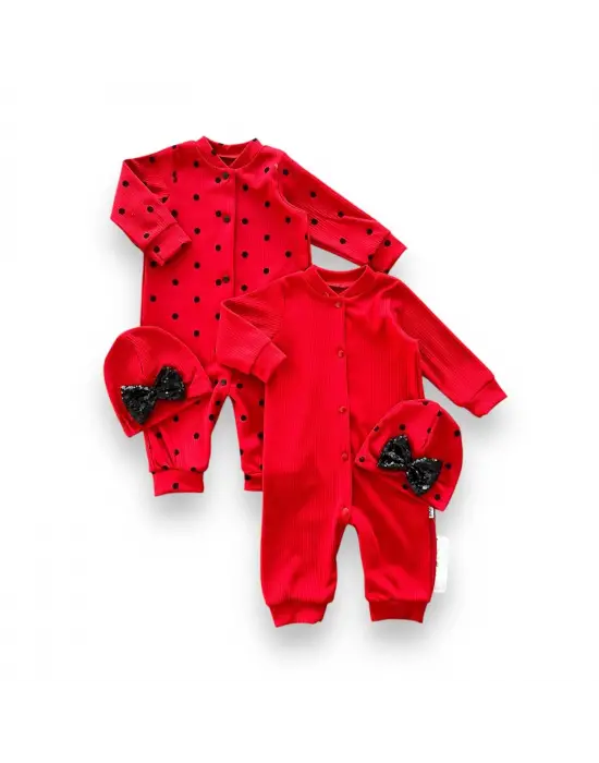 Omarı Puantiyeli Payetli Kız Bebek Tulumları Kırmızı 2 Li Kombin