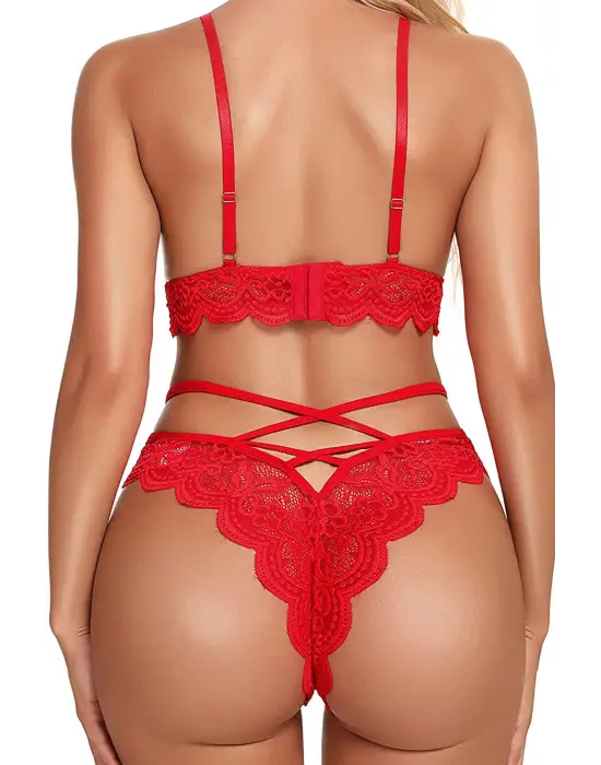 Omarı Kırmızı Çapraz Detaylı Sütyen Külot Takım