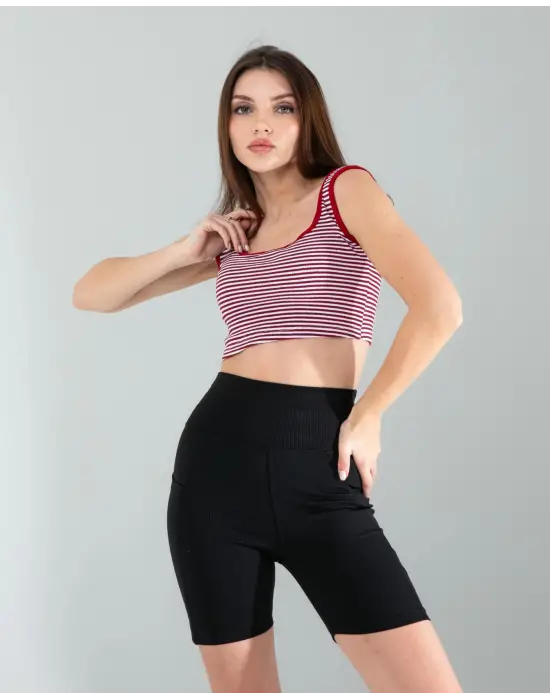 Omarı Kırmızı Çizgili Crop Top