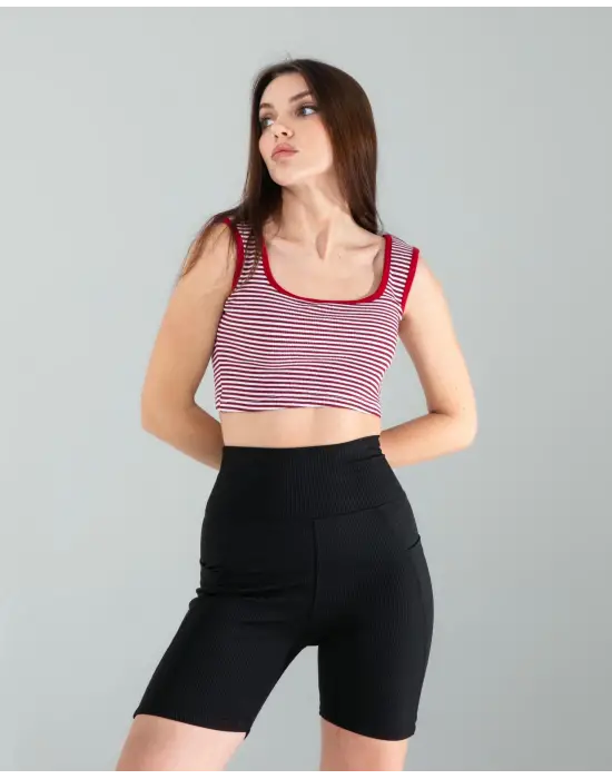 Omarı Kırmızı Çizgili Crop Top