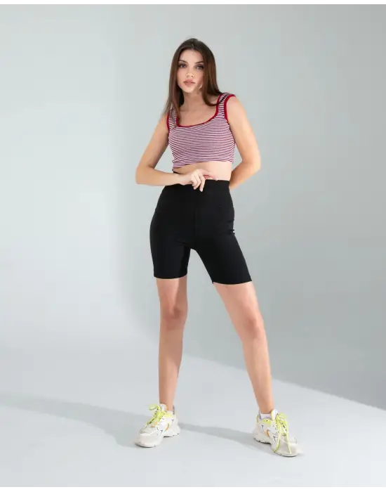 Omarı Kırmızı Çizgili Crop Top