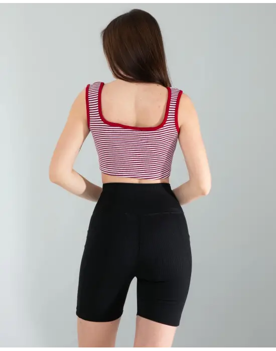 Omarı Kırmızı Çizgili Crop Top