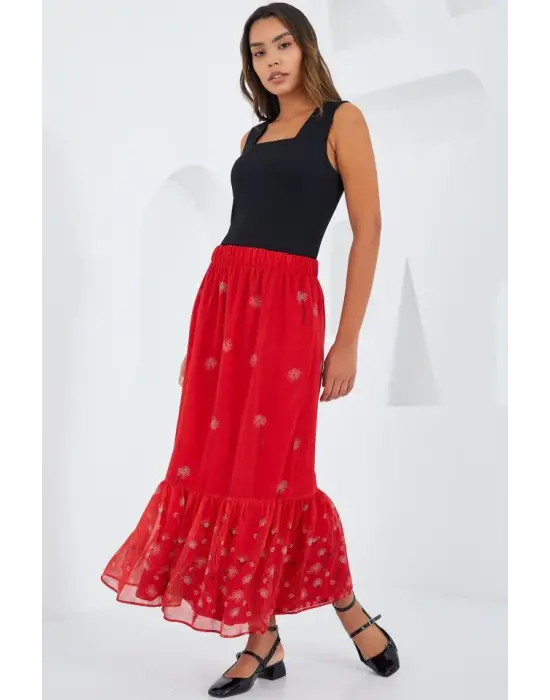 Kırmızı Desenli Şifon Etek 8010