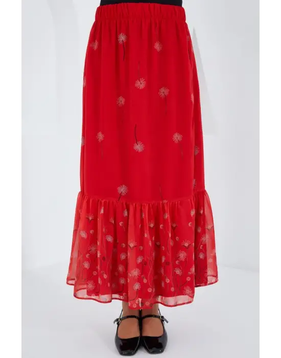 Kırmızı Desenli Şifon Etek 8010
