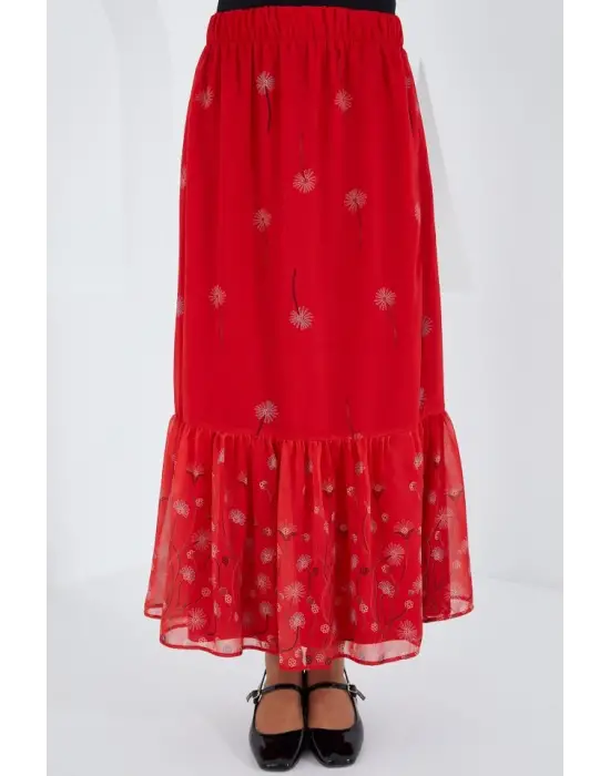 Kırmızı Desenli Şifon Etek 8010