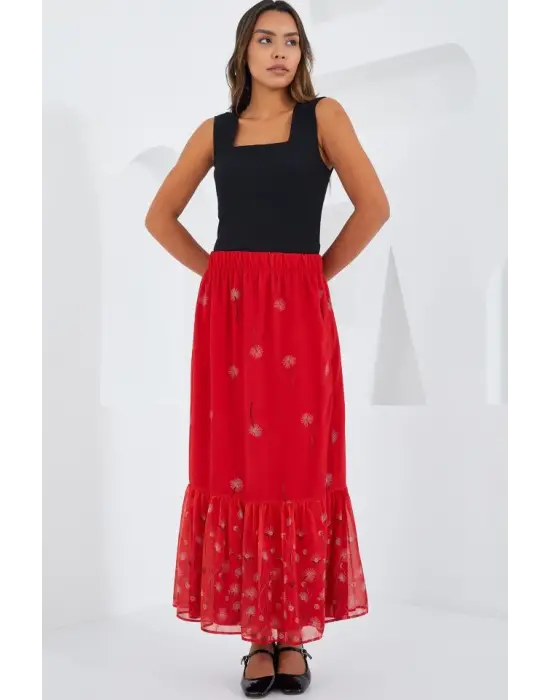 Kırmızı Desenli Şifon Etek 8010