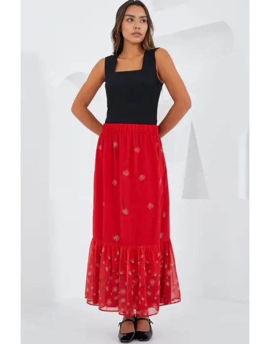 Kırmızı Desenli Şifon Etek 8010