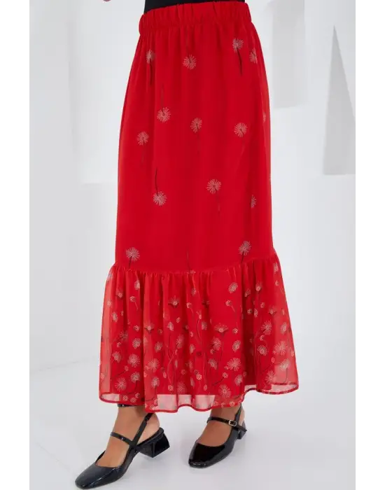 Kırmızı Desenli Şifon Etek 8010