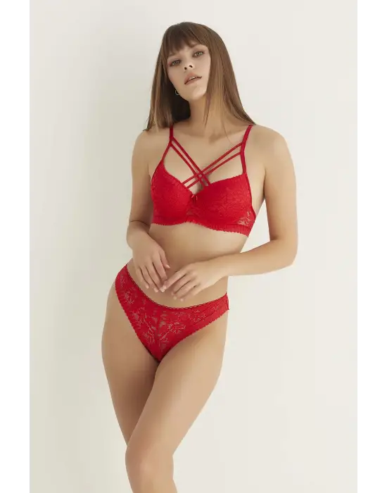Omarı Çift Çapraz Dantelli Kırmızı Destekli Sütyen Seti