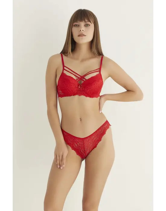 Omarı Çift Çapraz Dantelli Kırmızı Destekli Sütyen Seti