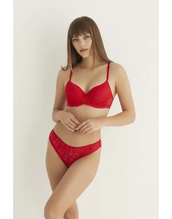 Omarı Dantel Detaylı Kırmızı Slip ve Sütyen Takımı