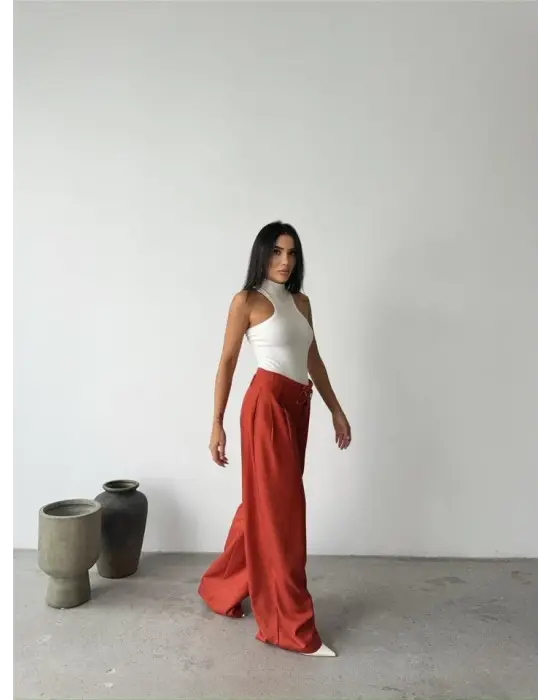 Omarı Yüksek Bel Palazzo Pantolon - Kiremit Rengi