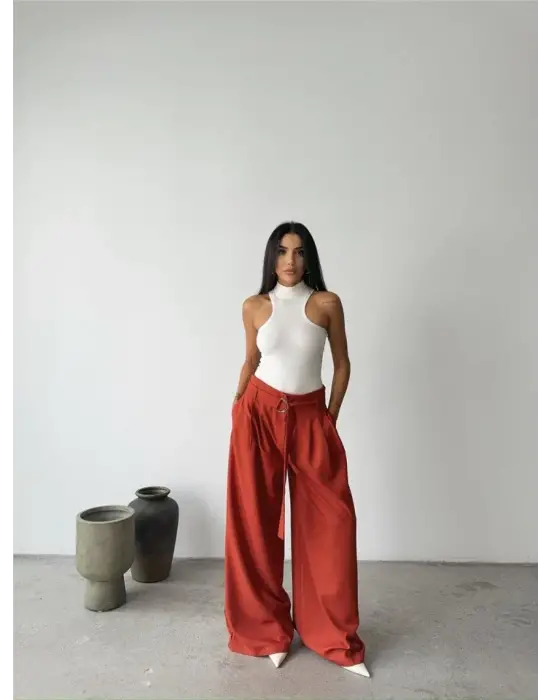 Omarı Yüksek Bel Palazzo Pantolon - Kiremit Rengi