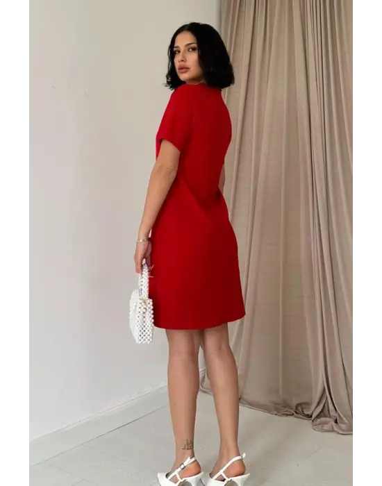 Kırmızı Kısa Kol Atlas Mini Elbise